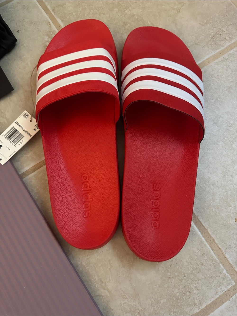 adidas Men’s Red Slide Sandals with White Stripes